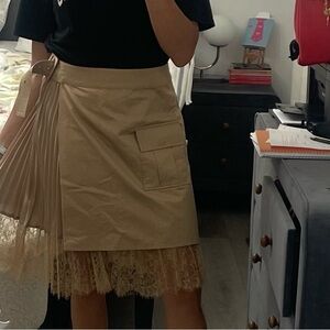 Self-Portrait Tan Wrap Skirt with Pleated Asymmetrical Design